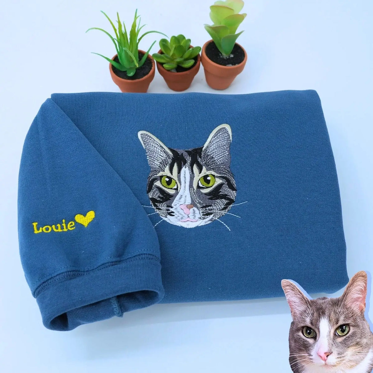 Custom embroidered cat dad sweatshirt with pet portrait from photo