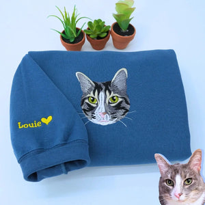 Custom embroidered cat dad sweatshirt with pet portrait from photo