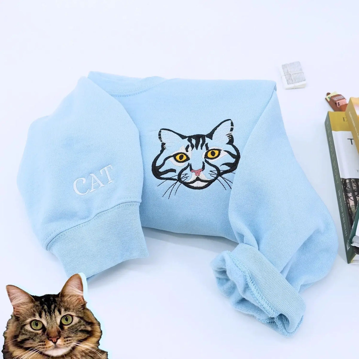 Custom embroidered cat dad sweatshirt with pet portrait from photo