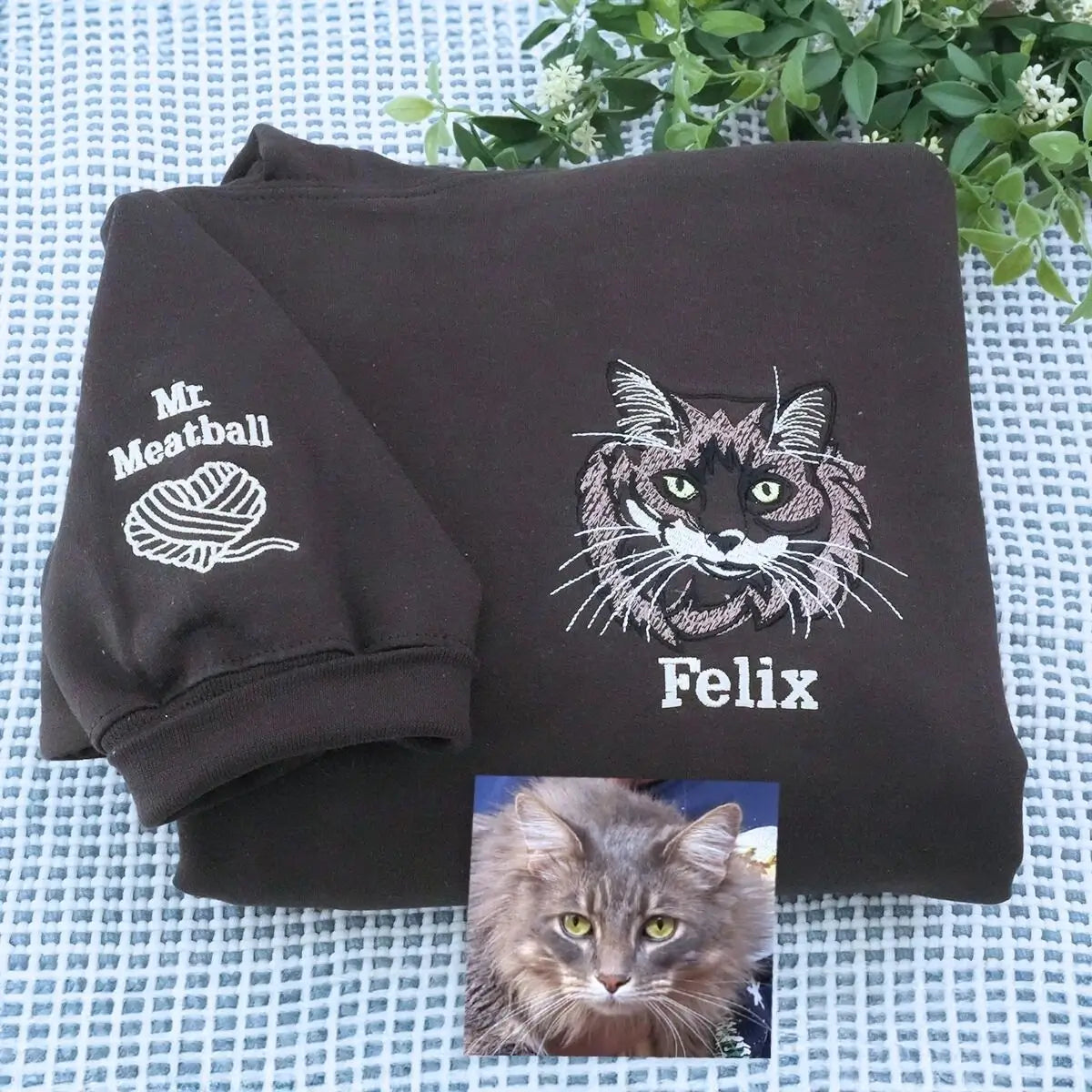 Embroidered quarter-zip hoodie with custom dog portrait for cat moms