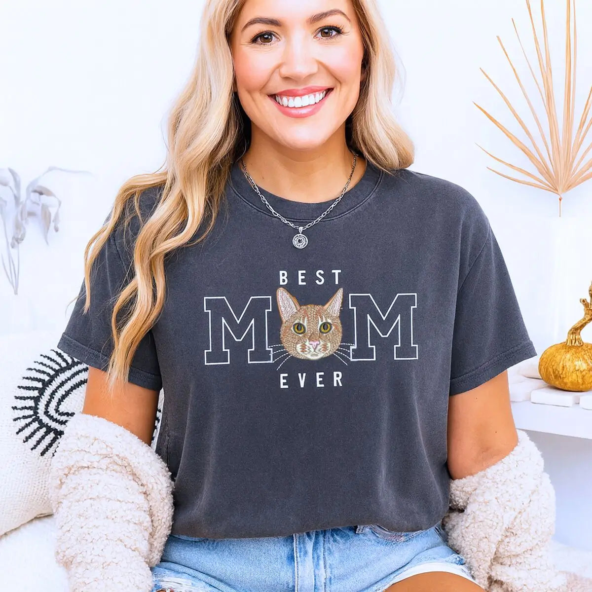 Custom embroidered cat mom shirt with personalized pet photo portrait and sleeve text