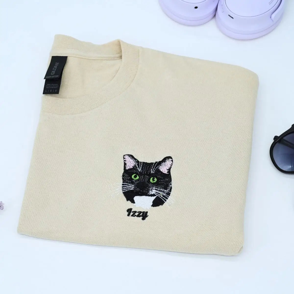 Custom embroidered cat mom shirt with personalized pet photo portrait and sleeve text