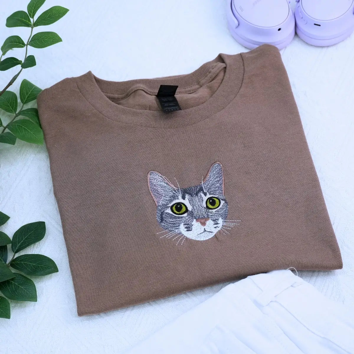 Custom embroidered cat mom shirt with personalized pet photo portrait and sleeve text