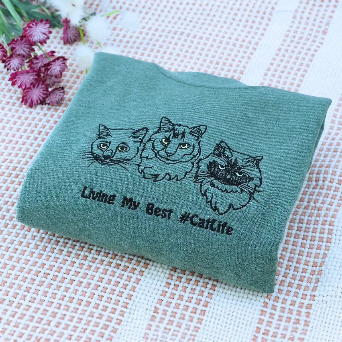 Custom embroidered cat mom shirt with personalized pet photo portrait and sleeve text