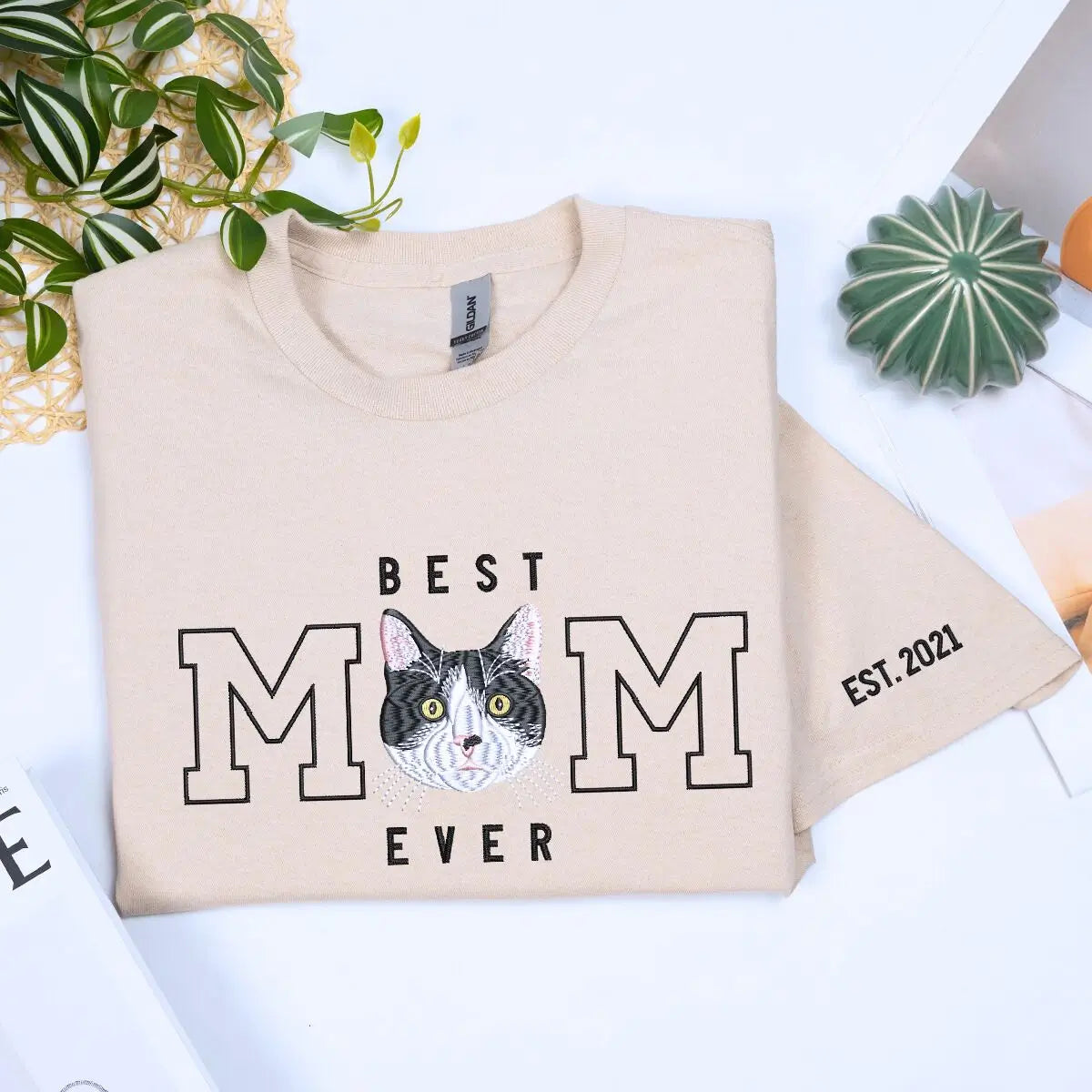 Custom embroidered cat mom shirt with personalized pet photo portrait and sleeve text