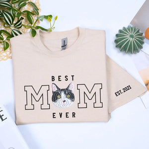 Custom embroidered cat mom shirt with personalized pet photo portrait and sleeve text