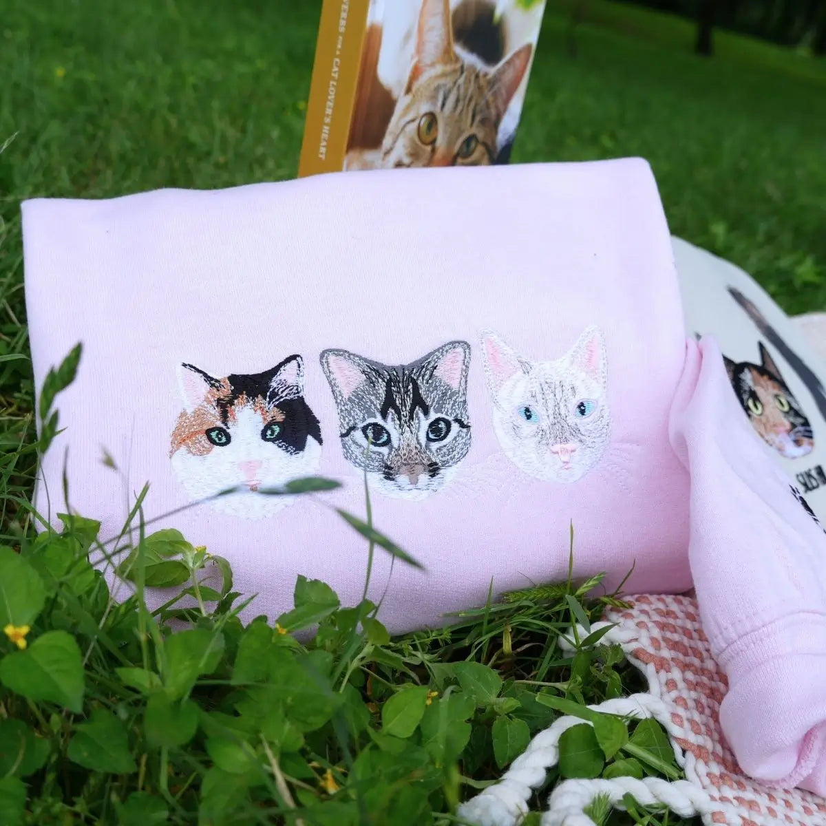 Embroidered quarter-zip hoodie with custom dog portrait for cat moms