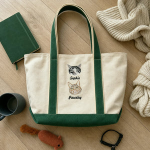 Custom Cat Portrait Tote Bag for Birthday - Embroidered Pet Photo Full Color Bag & Name - Gift for Her