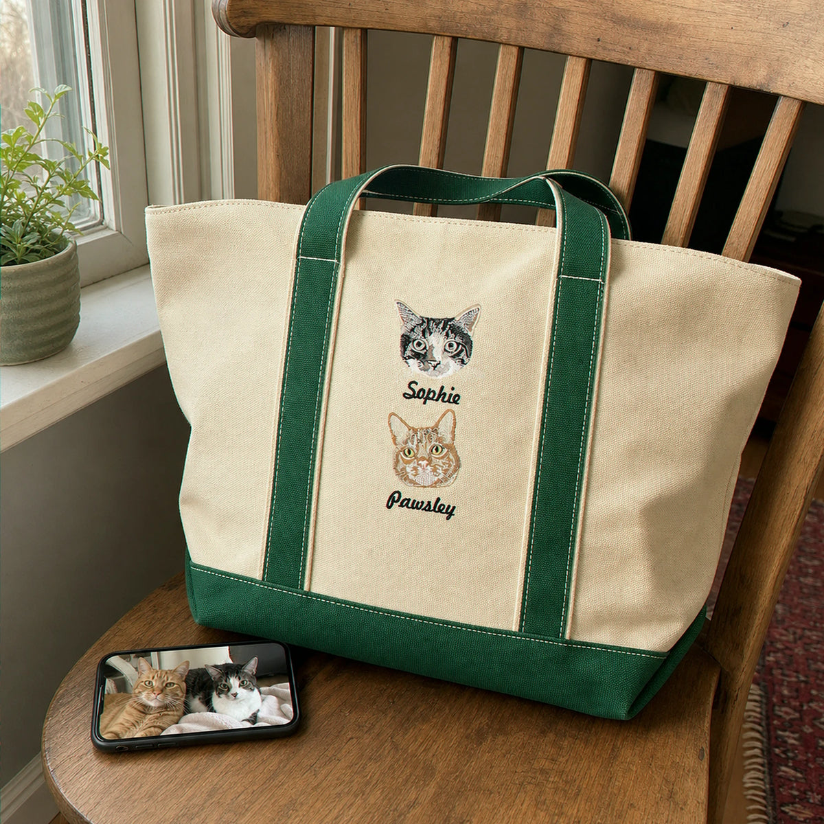 Custom Cat Portrait Tote Bag for Birthday - Embroidered Pet Photo Full Color Bag & Name - Gift for Her