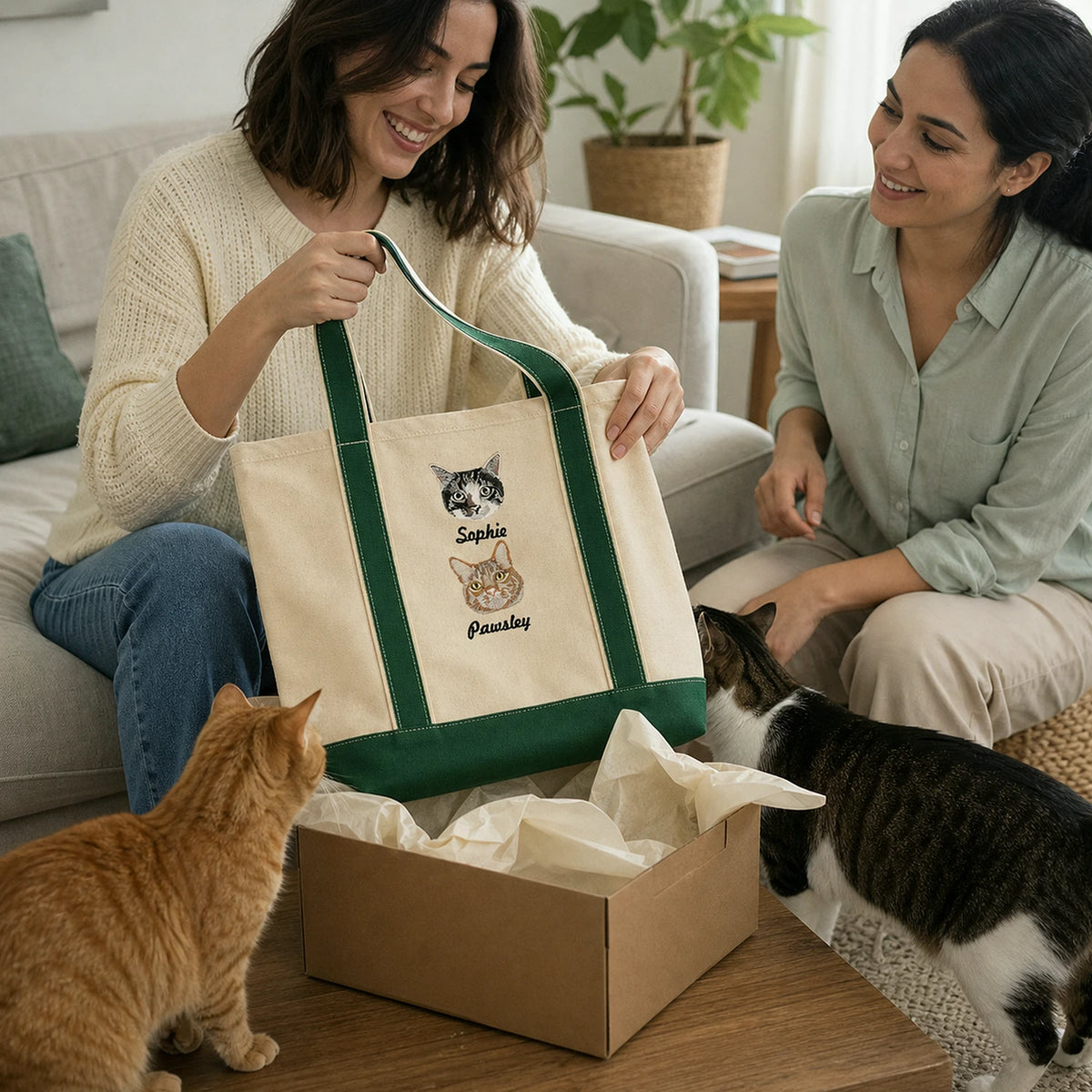 Custom Cat Portrait Tote Bag for Birthday - Embroidered Pet Photo Full Color Bag & Name - Gift for Her