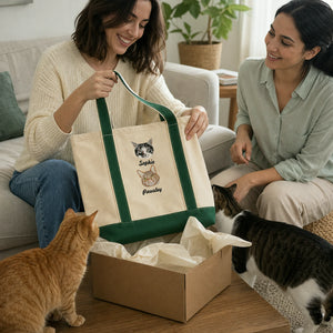 Custom Cat Portrait Tote Bag for Birthday - Embroidered Pet Photo Full Color Bag & Name - Gift for Her