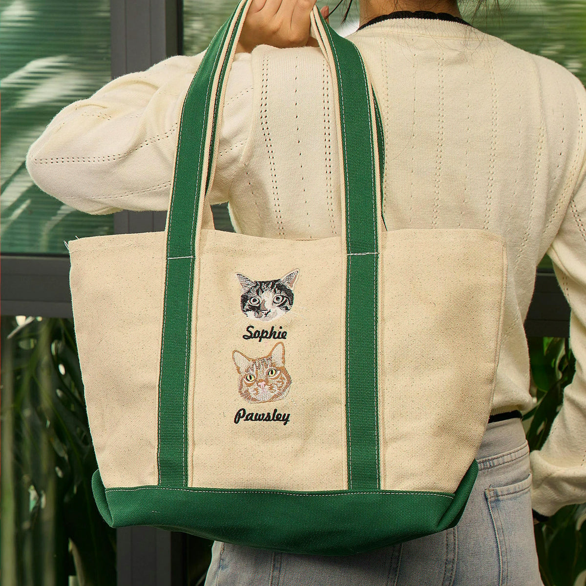 Custom Cat Portrait Tote Bag for Birthday - Embroidered Pet Photo Full Color Bag & Name - Gift for Her