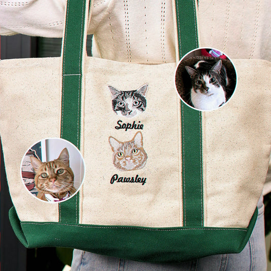 Custom Cat Portrait Tote Bag for Birthday - Embroidered Pet Photo Full Color Bag & Name - Gift for Her