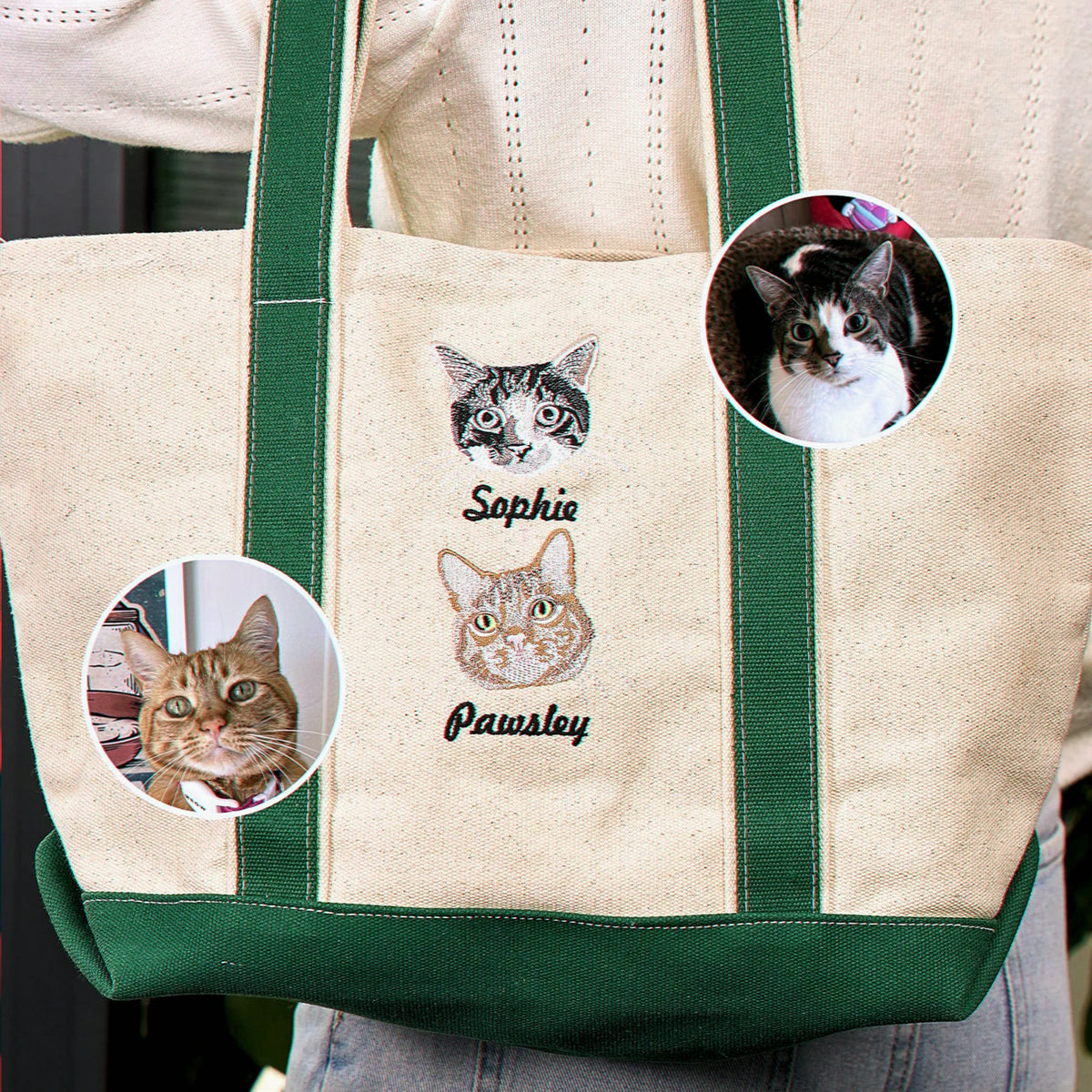 Custom Cat Portrait Tote Bag for Birthday - Embroidered Pet Photo Full Color Bag & Name - Gift for Her