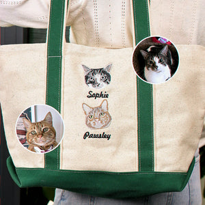 Custom Cat Portrait Tote Bag for Birthday - Embroidered Pet Photo Full Color Bag & Name - Gift for Her