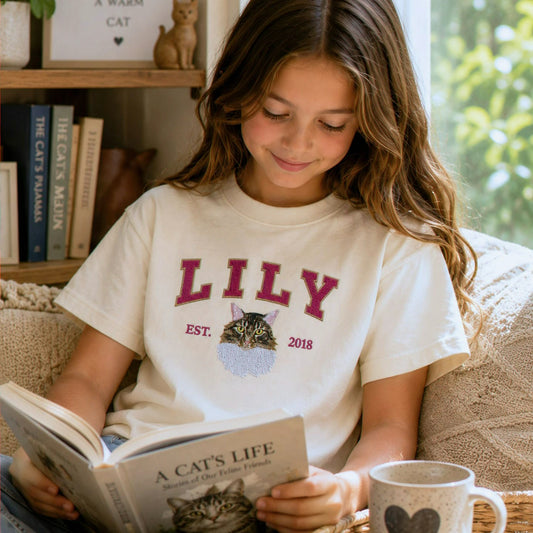 Custom Cat Portrait Est Varsity Youth T-Shirt, Embroidered Pet Photo & Name Tee for Kids