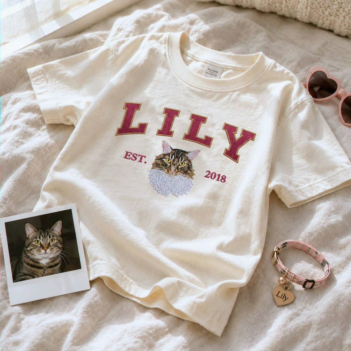 Custom Cat Portrait Est Varsity Youth T-Shirt, Embroidered Pet Photo & Name Tee for Kids