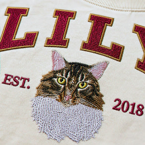 Custom Cat Portrait Est Varsity Youth T-Shirt, Embroidered Pet Photo & Name Tee for Kids