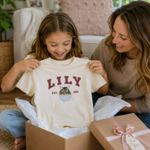 Custom Cat Portrait Est Varsity Youth T-Shirt, Embroidered Pet Photo & Name Tee for Kids