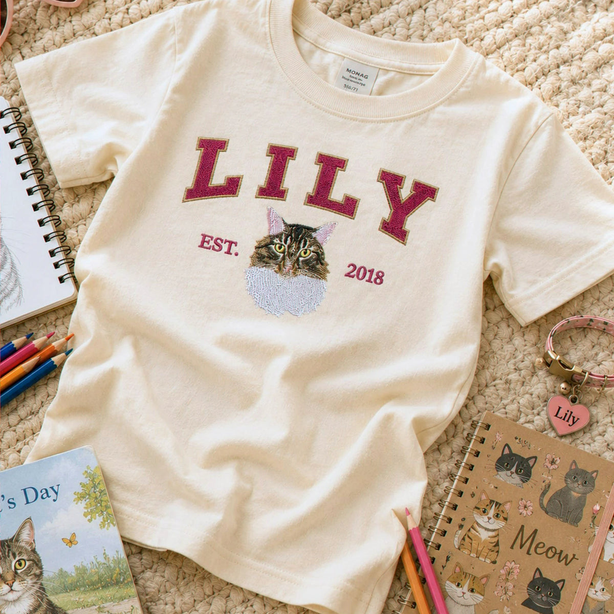 Custom Cat Portrait Est Varsity Youth T-Shirt, Embroidered Pet Photo & Name Tee for Kids
