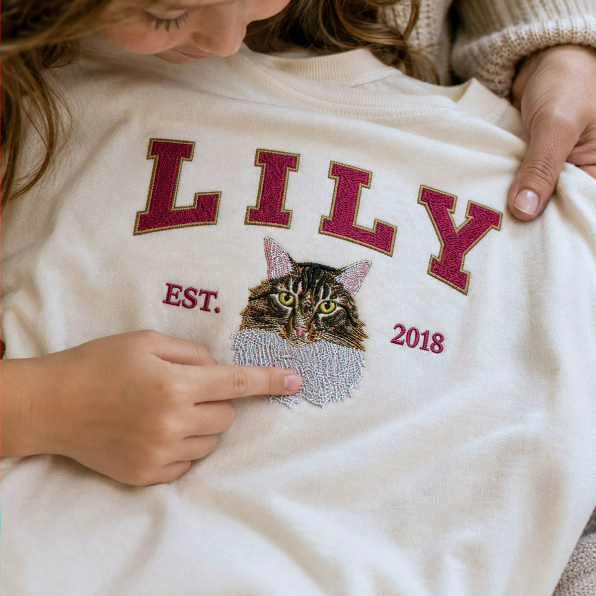 Custom Cat Portrait Est Varsity Youth T-Shirt, Embroidered Pet Photo & Name Tee for Kids