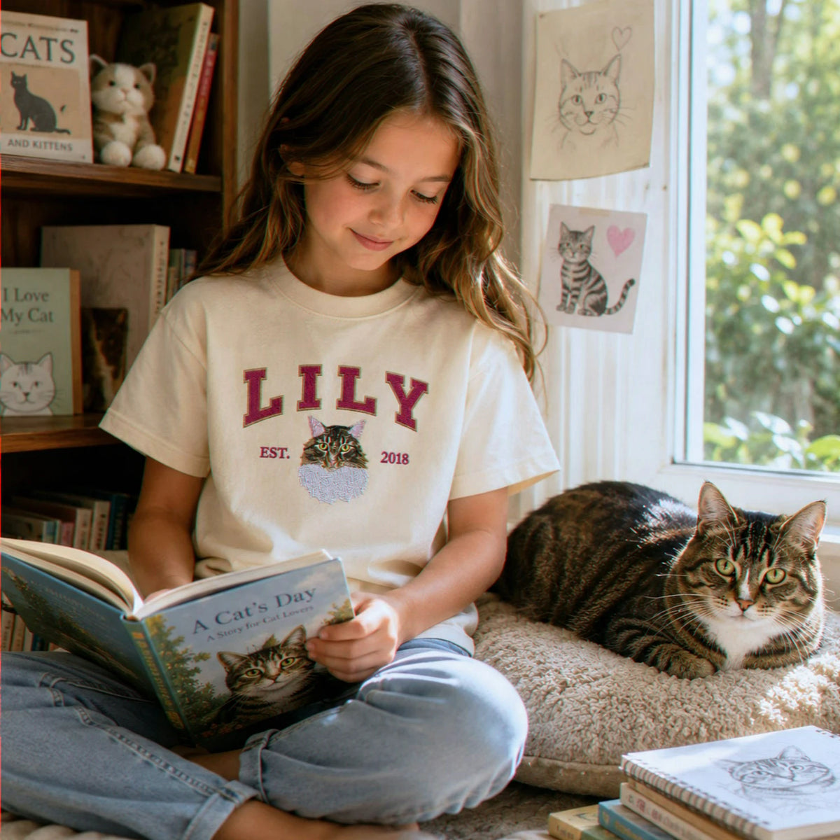 Custom Cat Portrait Est Varsity Youth T-Shirt, Embroidered Pet Photo & Name Tee for Kids