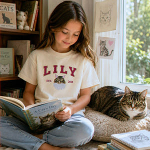Custom Cat Portrait Est Varsity Youth T-Shirt, Embroidered Pet Photo & Name Tee for Kids