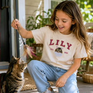 Custom Cat Portrait Est Varsity Youth T-Shirt, Embroidered Pet Photo & Name Tee for Kids
