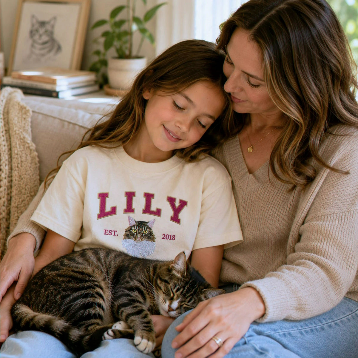 Custom Cat Portrait Est Varsity Youth T-Shirt, Embroidered Pet Photo & Name Tee for Kids