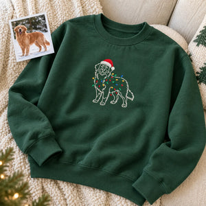 Custom Christmas Dog Outline Sweatshirt, Embroidered Pet Photo with Holiday Lights Sweater, Festive Mom Gift