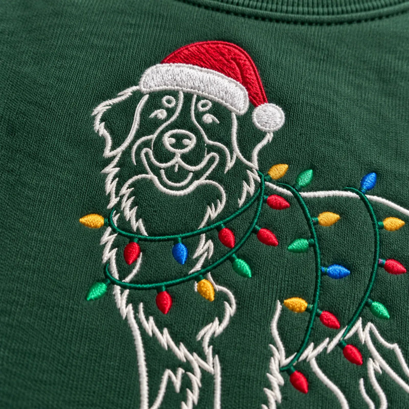 Custom Christmas Dog Outline Sweatshirt, Embroidered Pet Photo with Holiday Lights Sweater, Festive Mom Gift