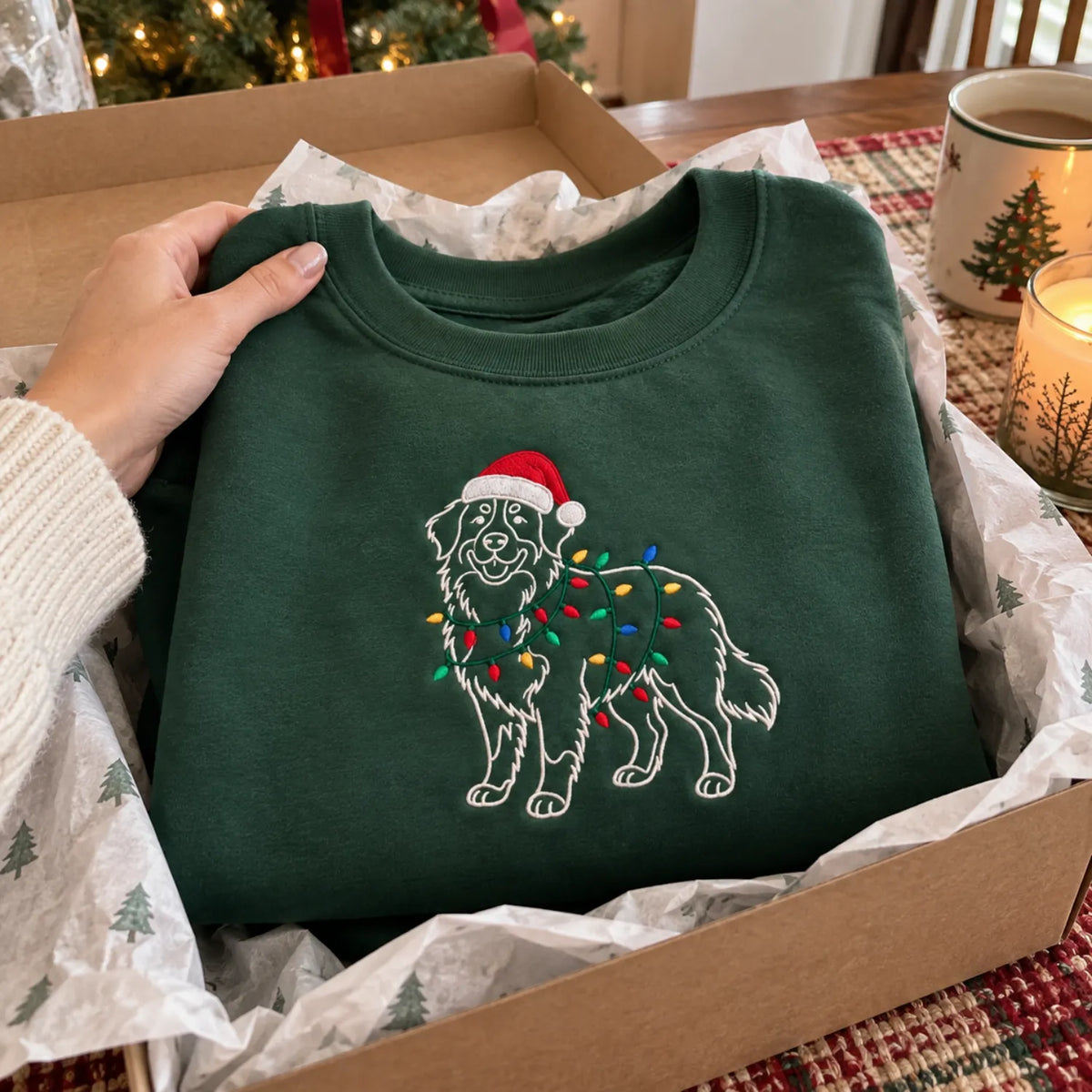 Custom Christmas Dog Outline Sweatshirt, Embroidered Pet Photo with Holiday Lights Sweater, Festive Mom Gift