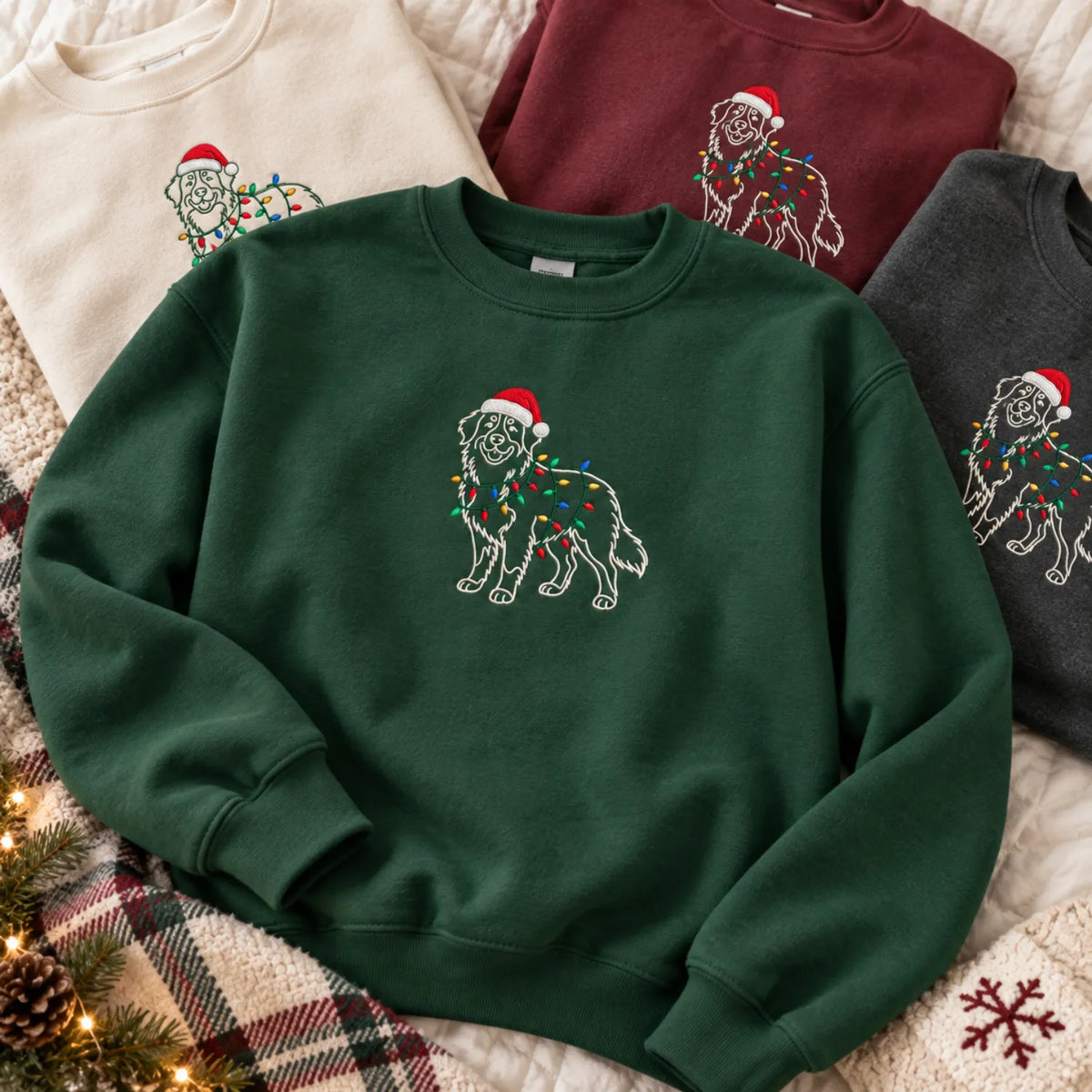 Custom Christmas Dog Outline Sweatshirt, Embroidered Pet Photo with Holiday Lights Sweater, Festive Mom Gift