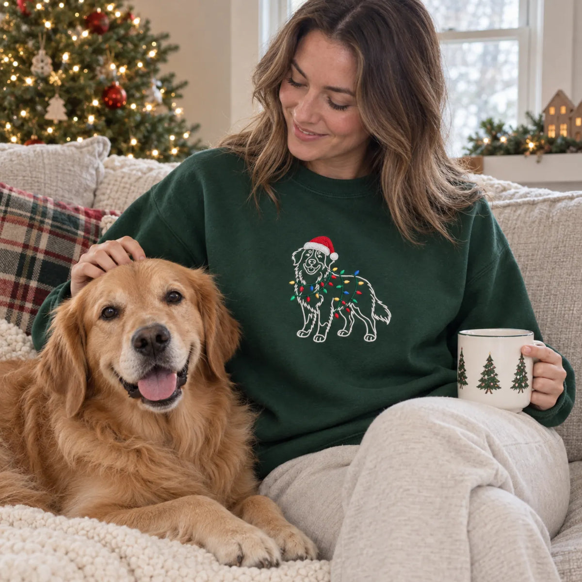 Custom Christmas Dog Outline Sweatshirt, Embroidered Pet Photo with Holiday Lights Sweater, Festive Mom Gift