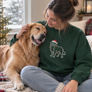 Custom Christmas Dog Outline Sweatshirt, Embroidered Pet Photo with Holiday Lights Sweater, Festive Mom Gift