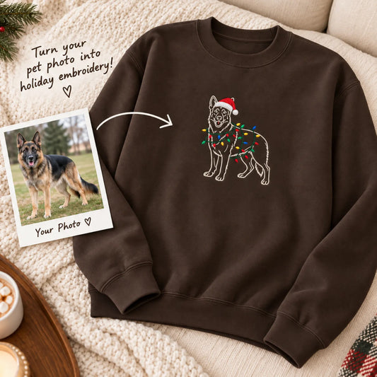 Custom Christmas Dog Outline Sweatshirt, Embroidered Pet Photo with Holiday Lights Sweater, Festive Mom Gift