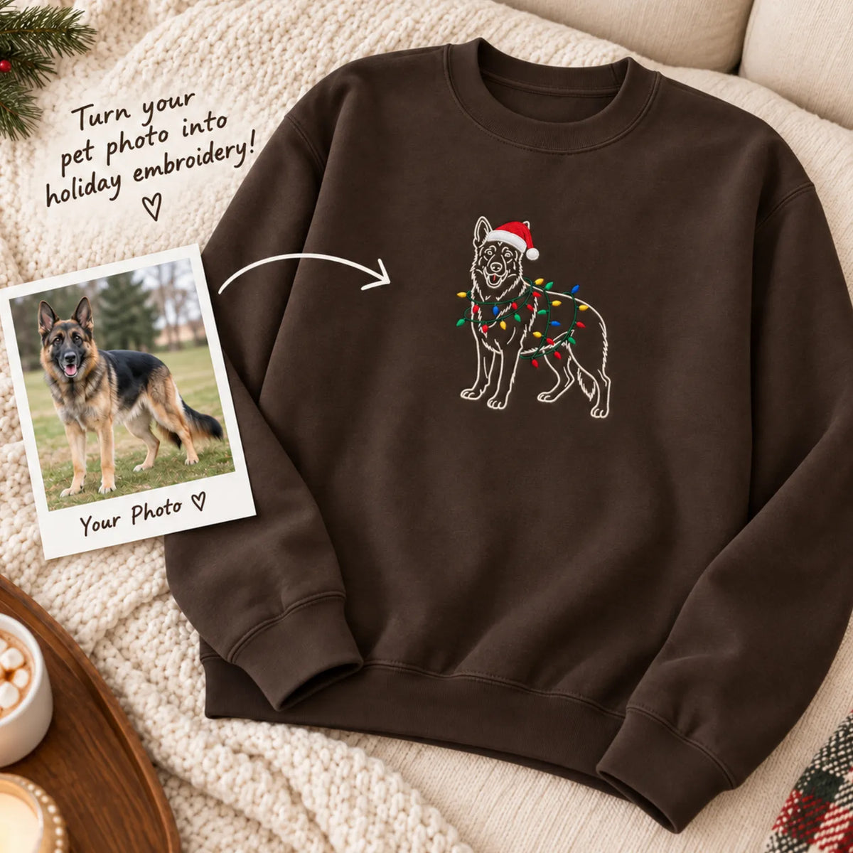 Custom Christmas Dog Outline Sweatshirt, Embroidered Pet Photo with Holiday Lights Sweater, Festive Mom Gift