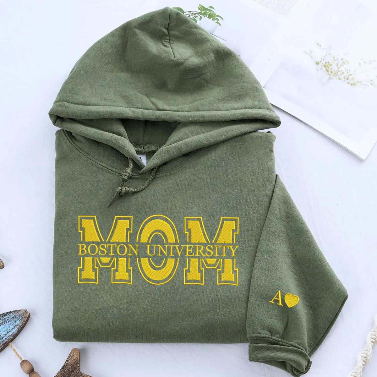 Custom embroidered mom university sweatshirt with personalized college name and custom sleeve text