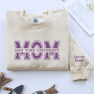 Custom embroidered mom university sweatshirt with personalized college name and custom sleeve text
