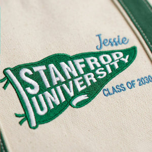 Personalized Back to School Student Canvas Tote Bag - Embroidered College Pennant, School Spirit Gift