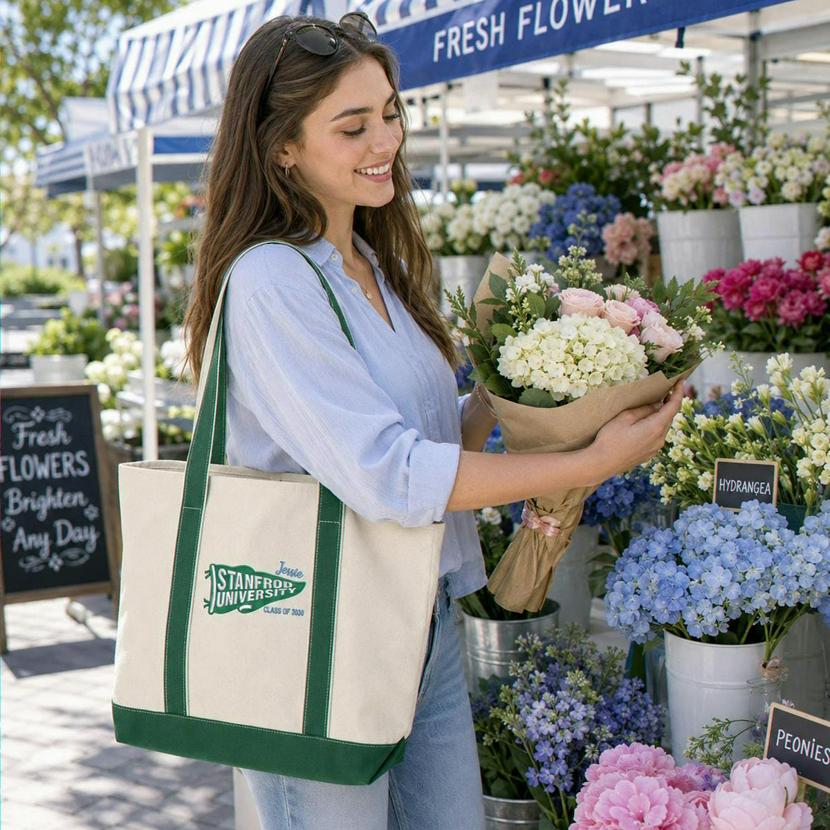 Personalized Back to School Student Canvas Tote Bag - Embroidered College Pennant, School Spirit Gift