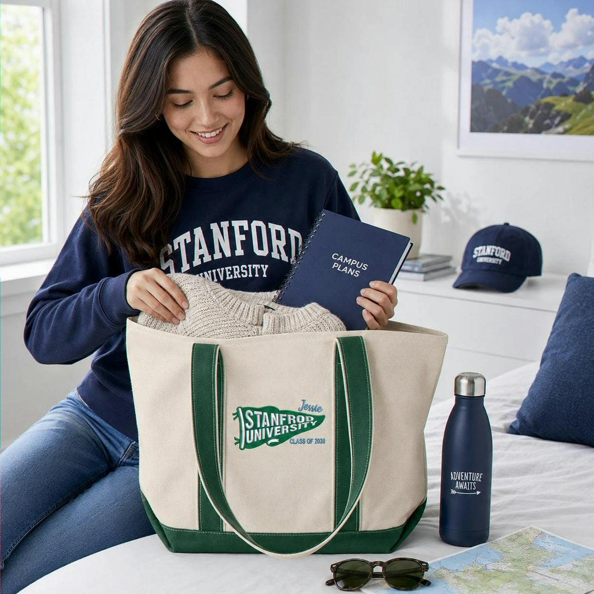 Personalized Back to School Student Canvas Tote Bag - Embroidered College Pennant, School Spirit Gift
