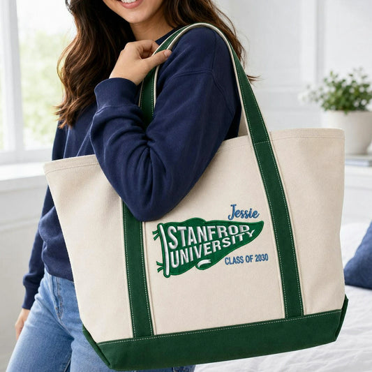 Personalized Back to School Student Canvas Tote Bag - Embroidered College Pennant, School Spirit Gift