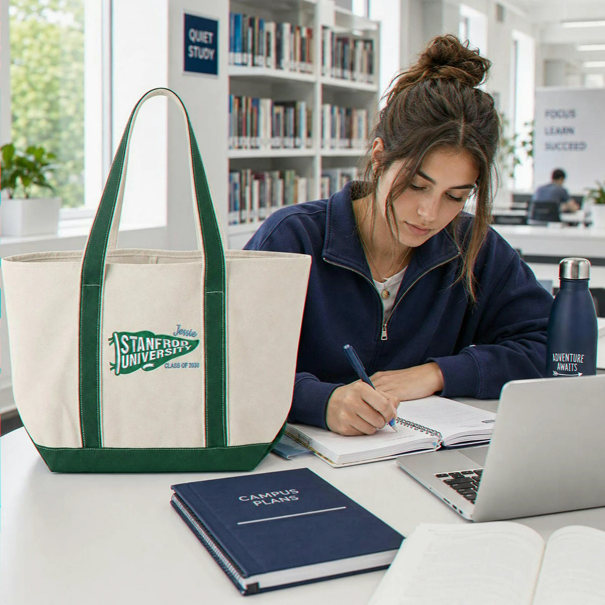 Personalized Back to School Student Canvas Tote Bag - Embroidered College Pennant, School Spirit Gift
