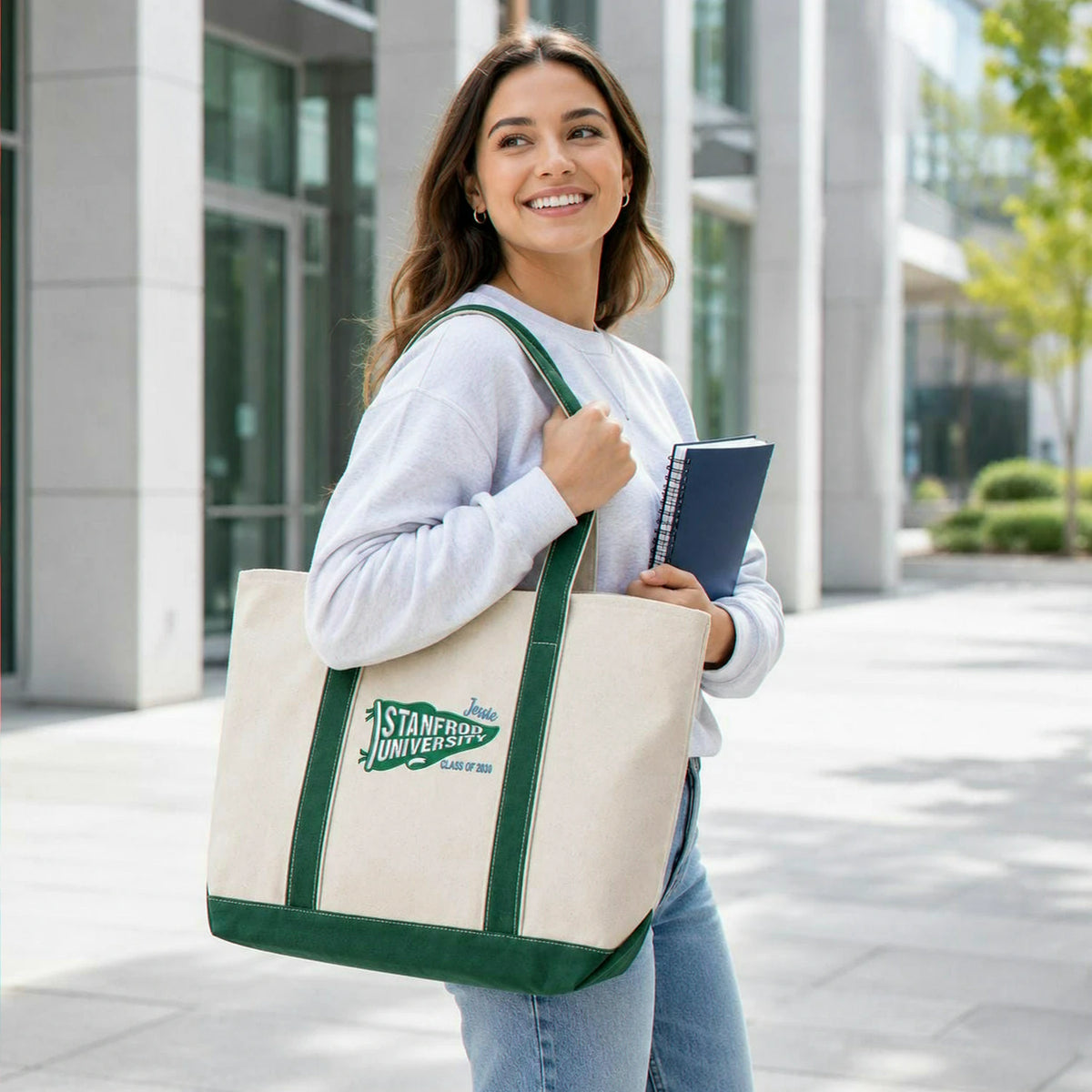 Personalized Back to School Student Canvas Tote Bag - Embroidered College Pennant, School Spirit Gift