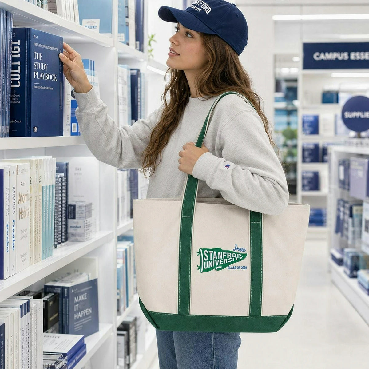 Personalized Back to School Student Canvas Tote Bag - Embroidered College Pennant, School Spirit Gift