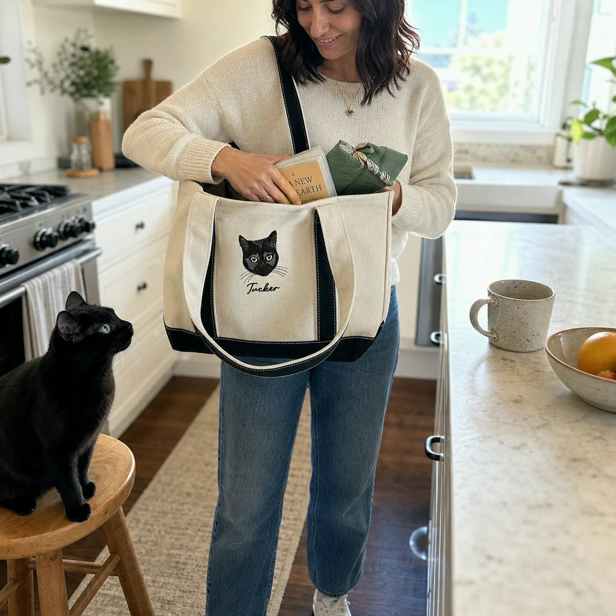 Custom Cat Portrait Canvas Tote - Embroidered Pet Photo Full Color Bag & Name for Cat Parent