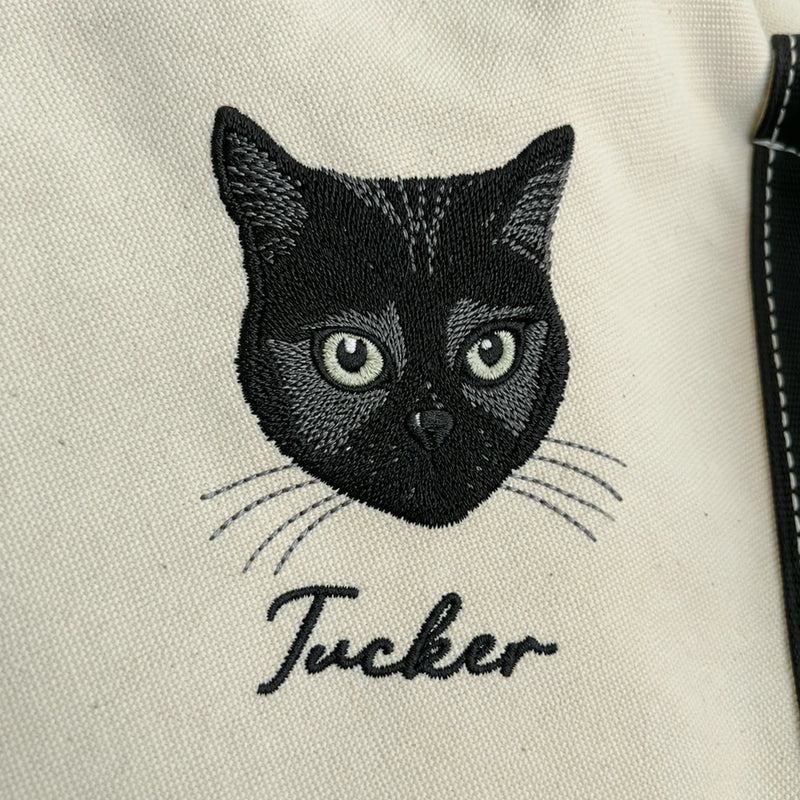Custom Cat Portrait Canvas Tote - Embroidered Pet Photo Full Color Bag & Name for Cat Parent