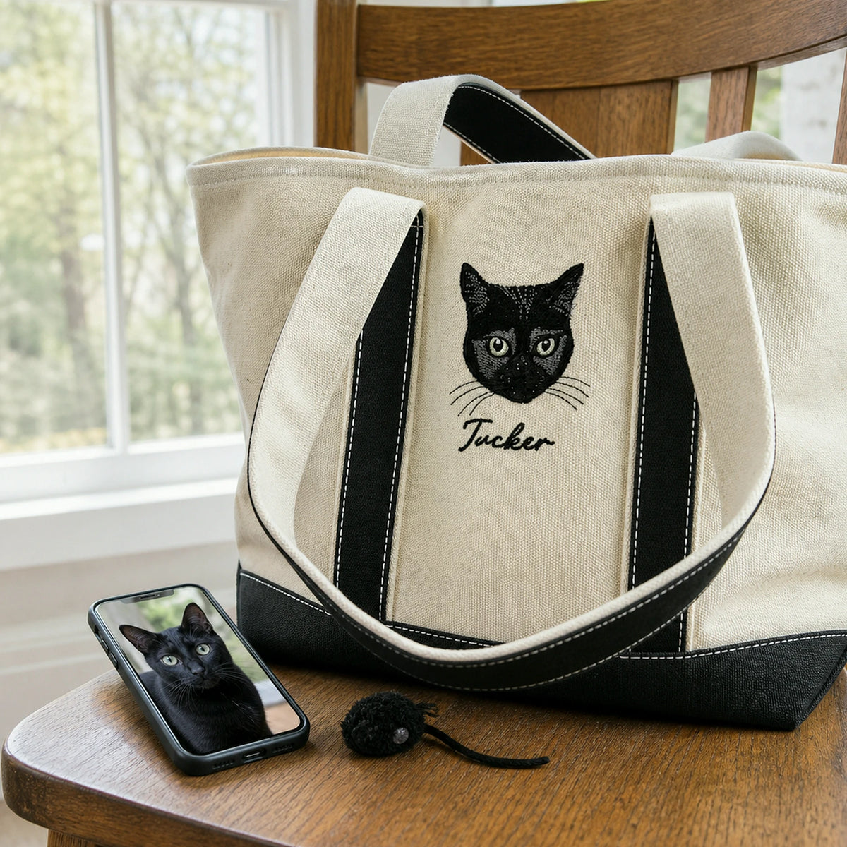 Custom Cat Portrait Canvas Tote - Embroidered Pet Photo Full Color Bag & Name for Cat Parent