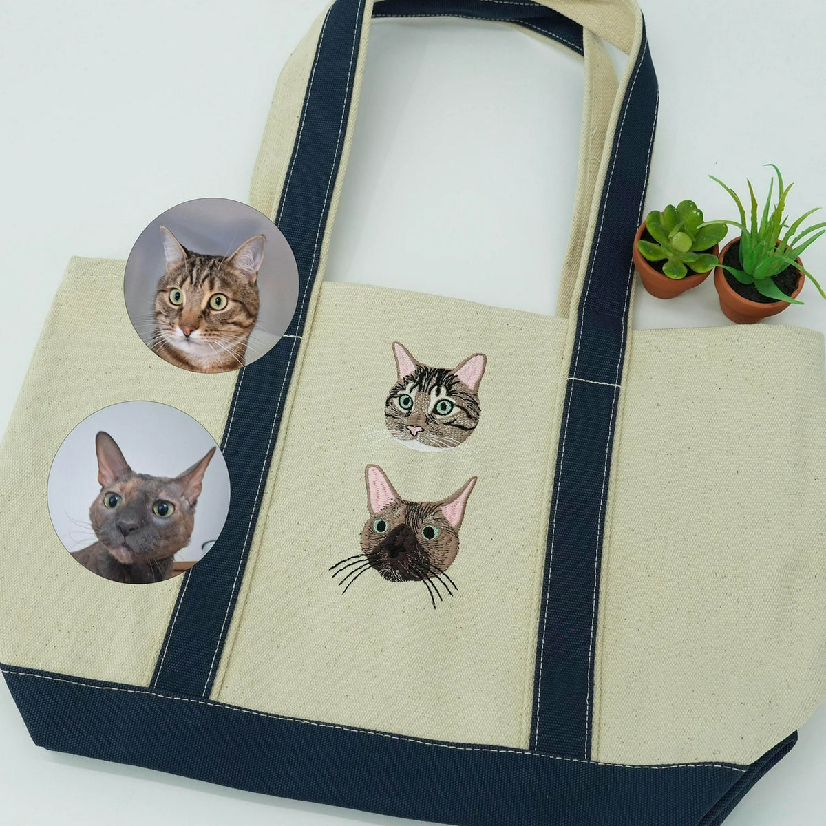 Custom Cat Portrait Canvas Tote - Embroidered Pet Photo Full Color Bag & Name for Cat Parent
